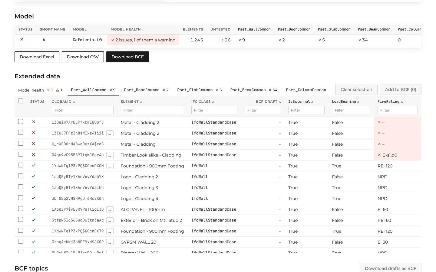 IFC Checker elementu tabula: sienas ar IsExternal, LoadBearing un FireRating vērtībām, kļūdainās vērtības izceltas